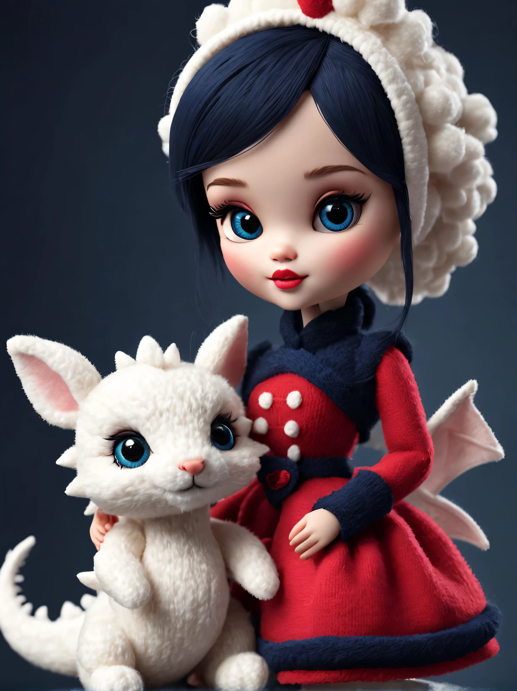 Doll and cat posed on a table with a dark background - SeaArt AI