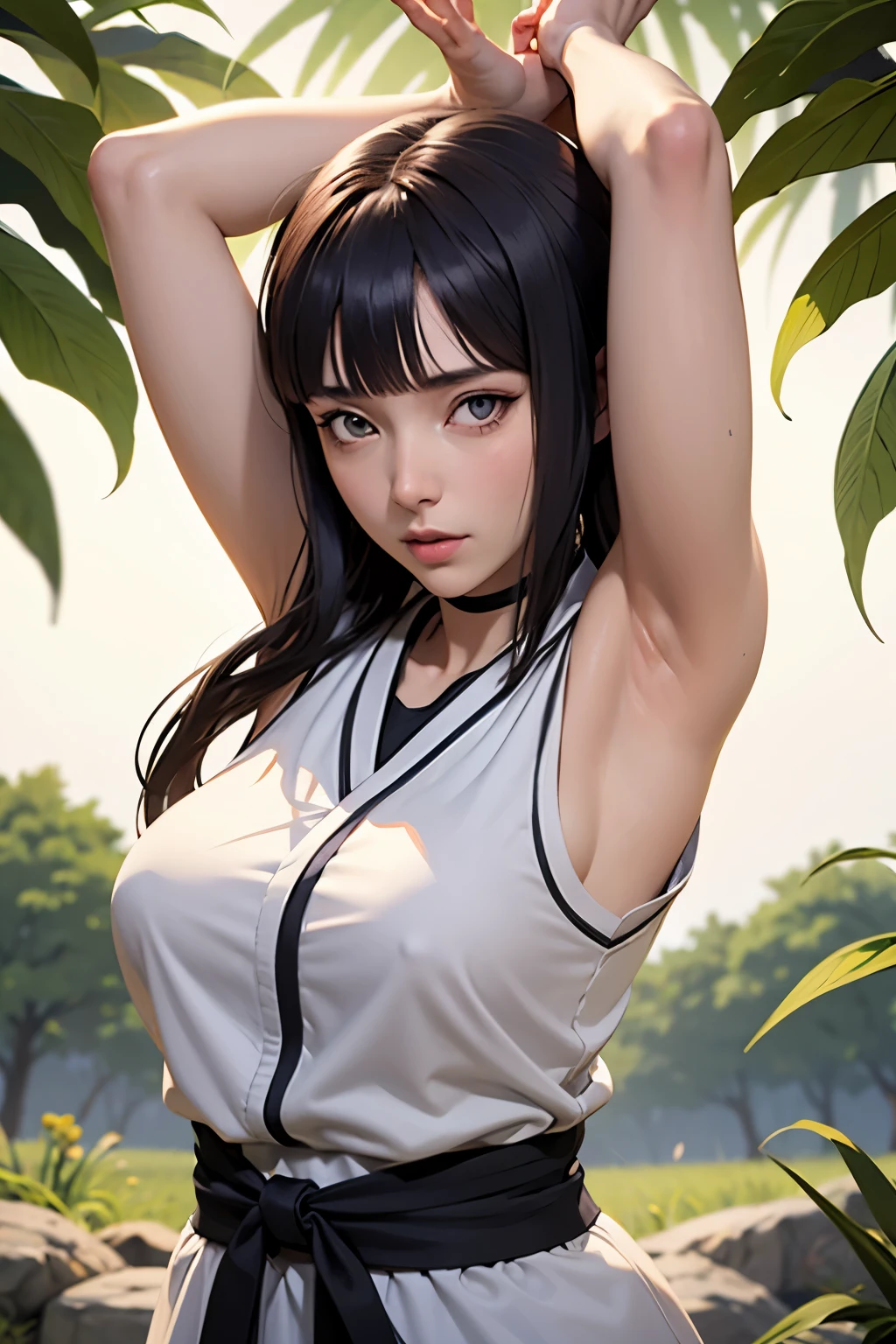 Hinata from Naruto Shippuden, UHD Hinata, UHD Hinata Byakugan eyes, Sleeveless top, Arms up in the air, UHD armpit details, UHD Face details, UHD underarms, Leaf village, big breasts