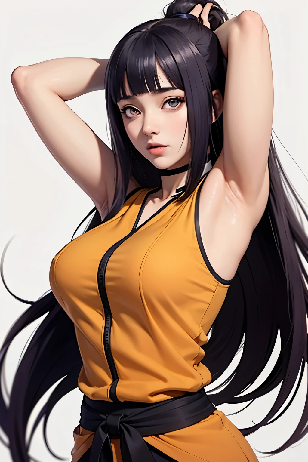 Hinata de Naruto Shippuuden, UHD Hinata, Olhos UHD Hinata Byakugan, top sem mangas, Braços no ar, Detalhes das axilas UHD, Detalhes do rosto UHD, Axilas UHD, Vila da Folha, seios grandes