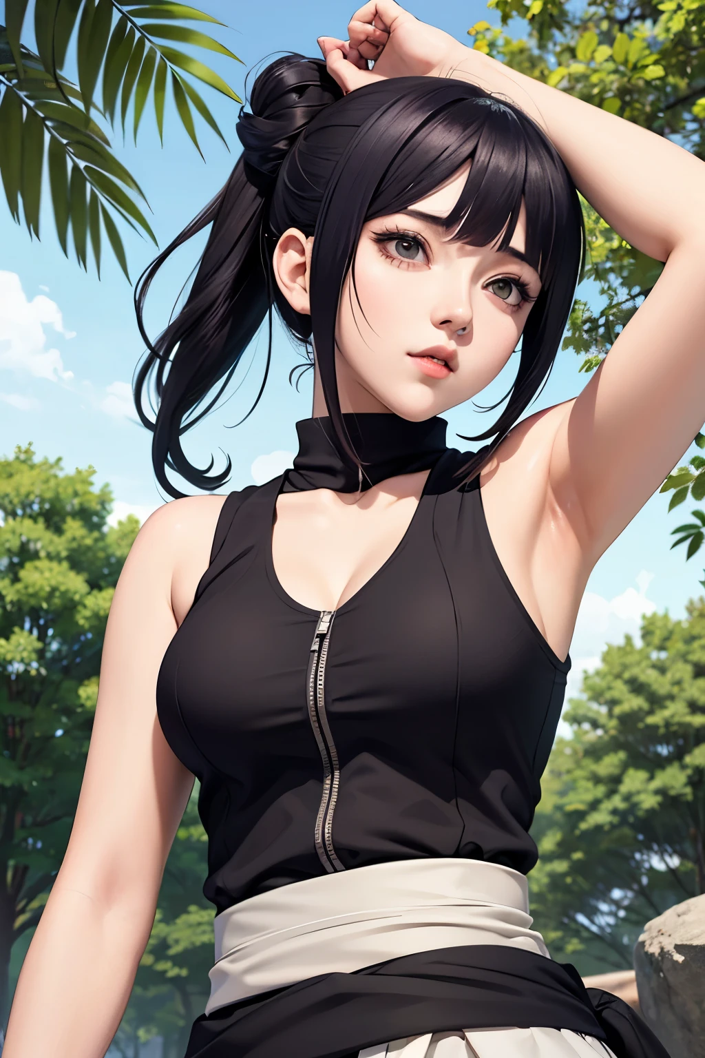 Hinata from Naruto Shippuden, UHD Hinata, UHD Hinata Byakugan eyes, Sleeveless top, Arms up in the air, UHD armpit details, UHD Face details, UHD underarms, Leaf village, big breasts