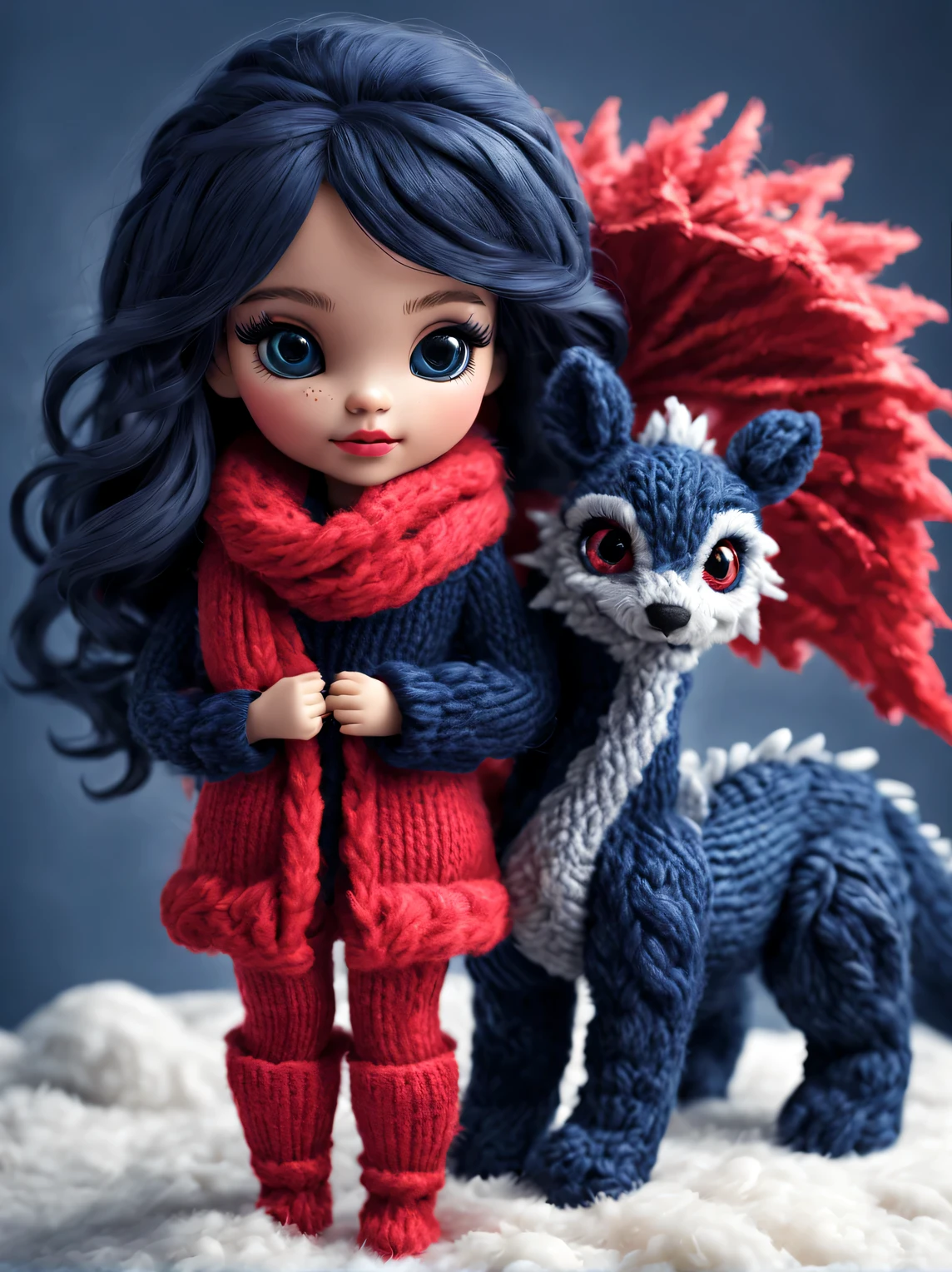 Doll with a red scarf and a blue and white dog - SeaArt AI