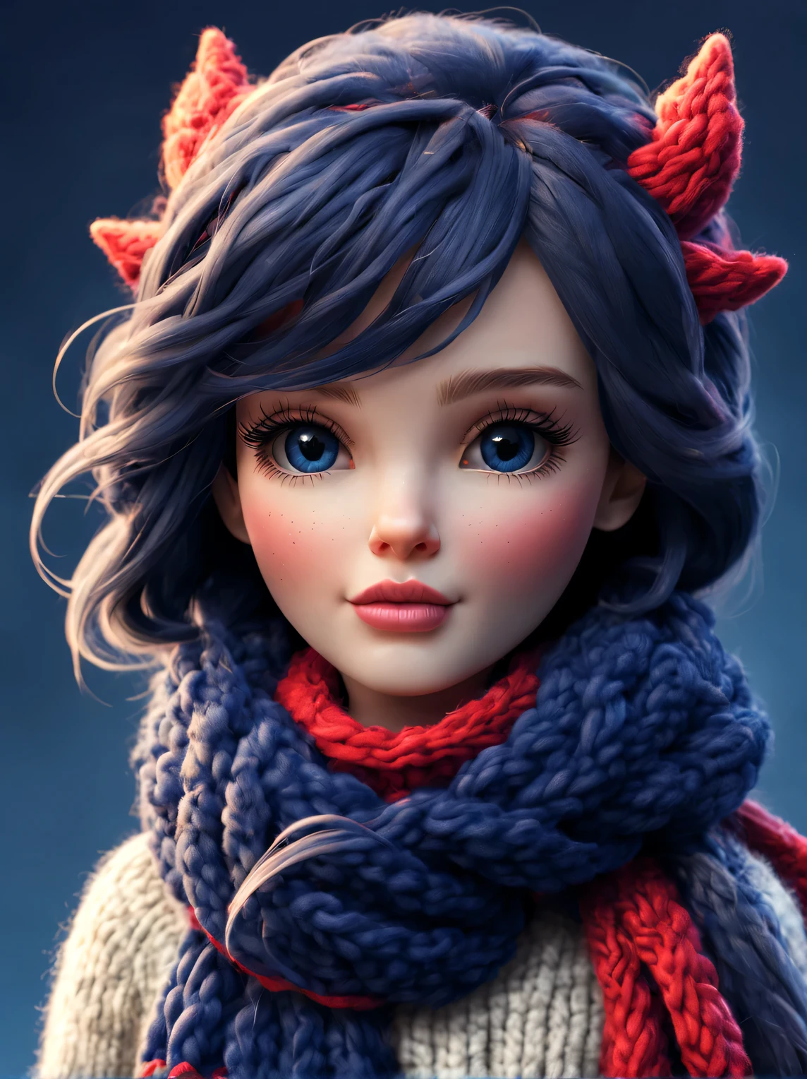 A close up of a doll with a scarf and a scarf around her neck - SeaArt AI