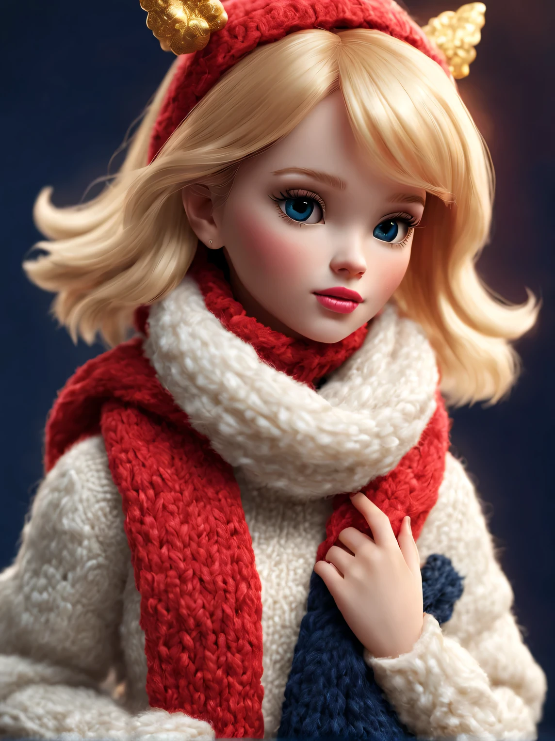 A close up of a doll wearing a red and white scarf and a red and white hat  - SeaArt AI