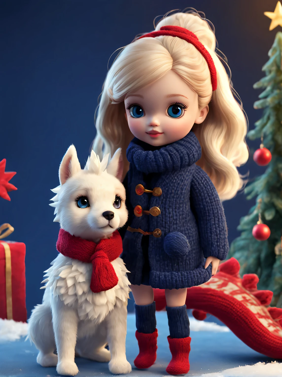 A close up of a doll and a dog in front of a christmas tree - SeaArt AI