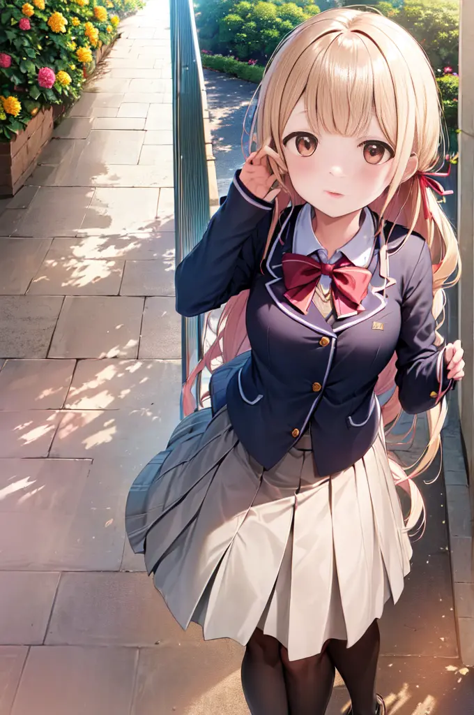 (masutepiece, Best Quality),1girl in, Mahiru Shiina, Solo, flower, Outdoors, letterbox, School uniform, day, skyporn, Looking Up...