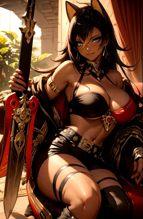 masterpiece,best quality,studio lighting,dehya, dark skin,seductive pose, glowing eyes, perfect face, perfect hands, detailed lips, detailed nose, detailed eyes, (huge breasts), holding a greatsword,cowboy shot,confident smile,(((dark skin)))