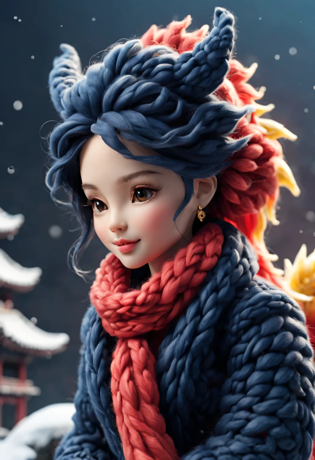 （Diseño de peluche.），Sonriendo lindo dragón chino bebé y muñeca barbie，（artesanía de lana），（esponjoso：0.68） ，Bufanda tipo suéter de estilo chino de moda preciosa de alta gama de invierno， Linda representación 3d，Fondo con：Azul marino oscuro y rojo fuego，terreno con mucha nieve，color dorado，Arte digital lindo y detallado.，Sensación de miniatura，renderizado 3d estilizado，Arte de figura renderizada en 3D 8k，preciosa pintura digital，estilo anime 3d，Representación ultradetallada