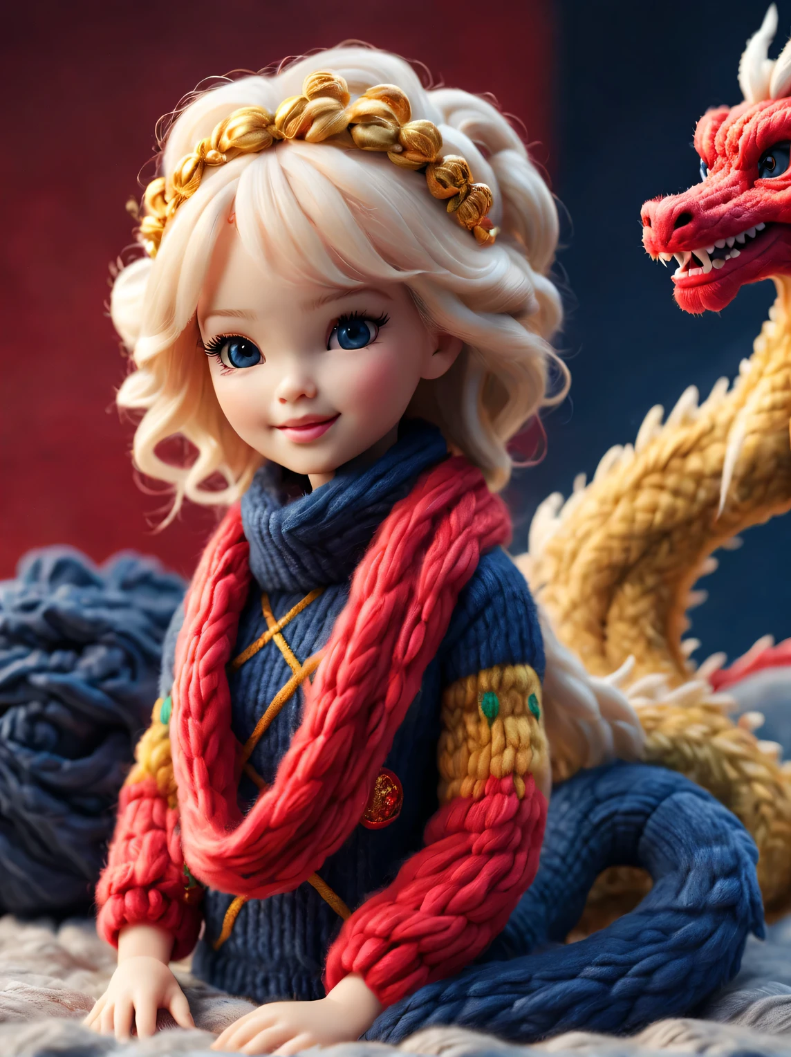 （Plush toy design），Smiling cute Chinese dragon baby and barbie doll，（wool craft），Gorgeous and fashionable Chinese style sweater scarf in winter，（hairy pubic hair：0.68） ，
 Cute 3d rendering，Background with：Dark navy and fiery red，golden colored，Cute and detailed digital art，Miniature feeling，stylized 3d render，3d rendered figure art 8k，lovely digital painting，Anime style 3D，Ultra-detailed rendering