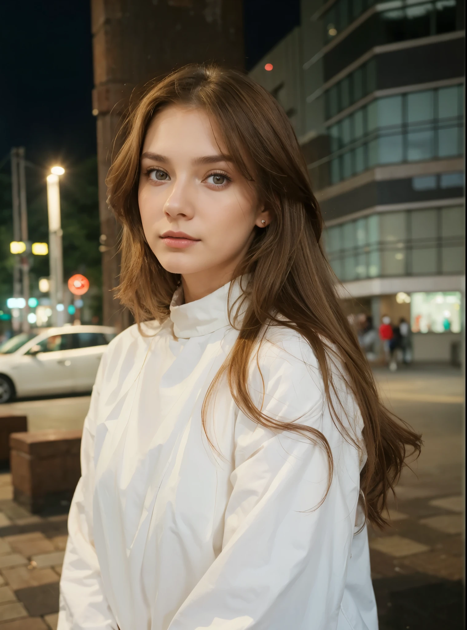 a girl of Slavic appearance with light brown hair, about 24 years old, wearing makeup, clothes red top