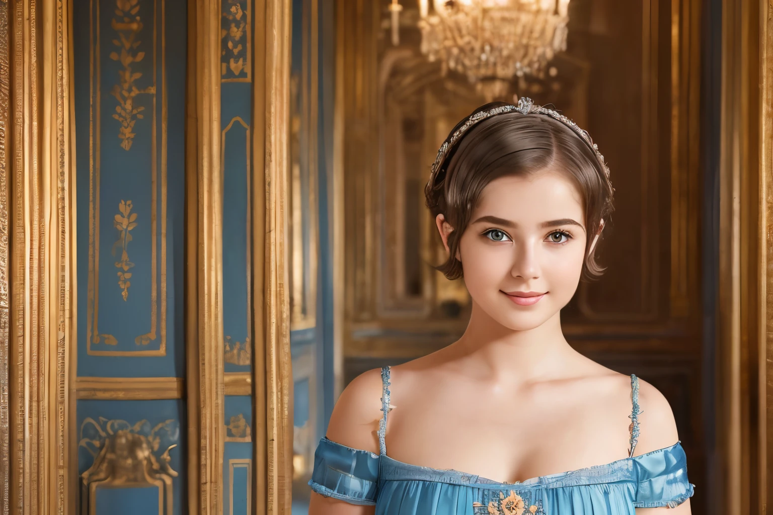 142
(a 20 yo woman,in the palace), (A hyper-realistic), (high-level image quality), ((beautiful hairstyle 46)), ((short-hair:1.46)), (kindly smile), (breasted:1.1), (lipsticks), (wearing a blue dress), (murky,wide,Luxurious room), (florals), (an oil painting、Rembrandt)