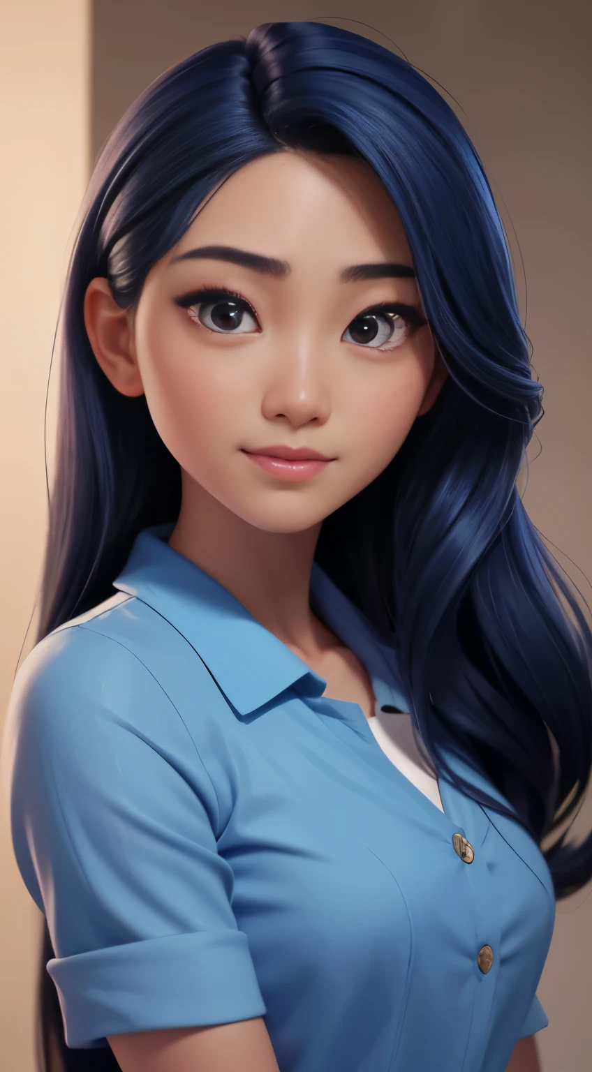 A woman with long blue hair and a blue shirt - SeaArt AI