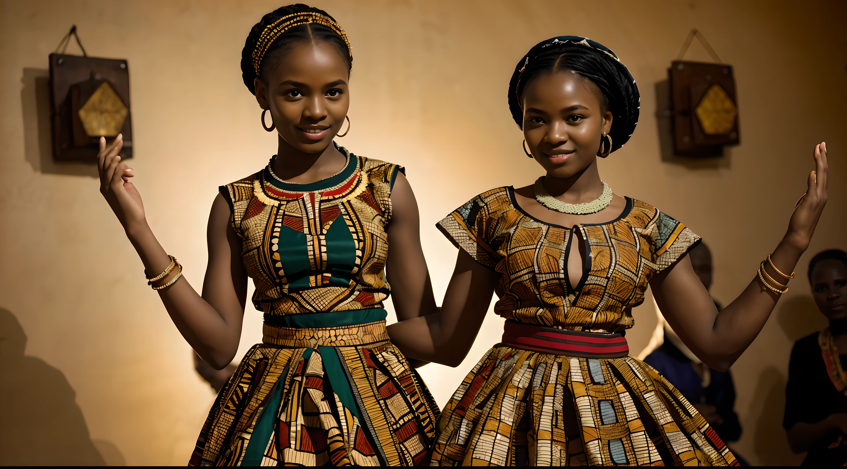 Ultra-realistic photograph of African Villagers dancing in communion, they are wearing Traditional attire with beautiful patterns. The people are unique individuals each with their own character. Cinematic lighting, perfect textures, highest face quality, perfect body proportions, perfect hands