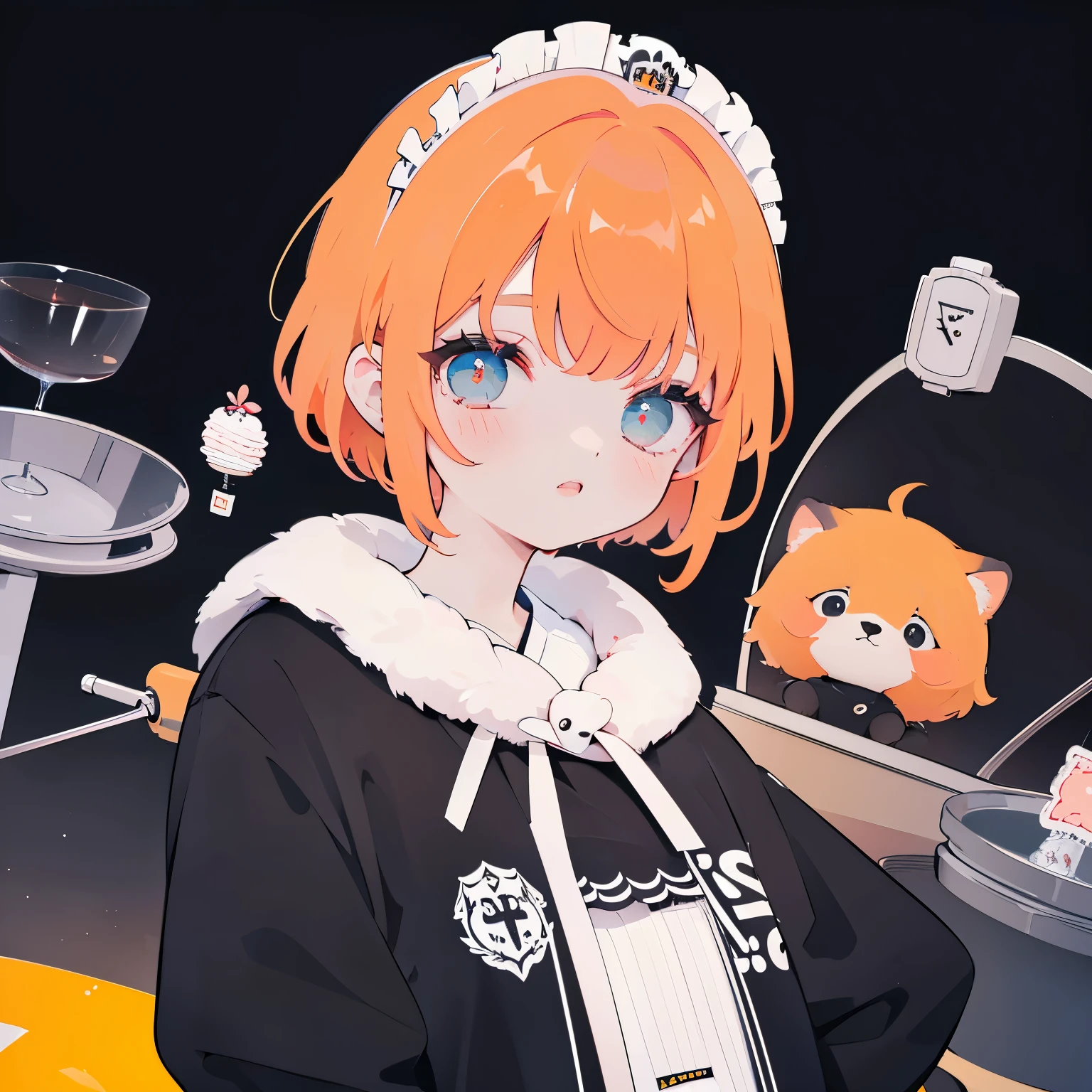 orange hair, black clothing, Simple background,
, Upper torso, lolita