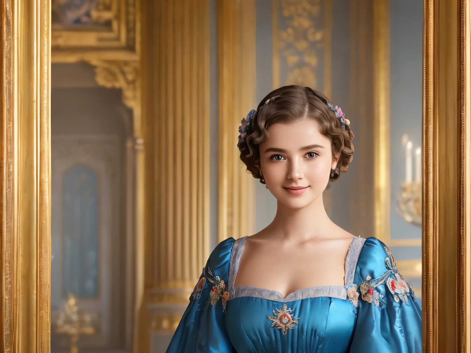 142
(a 20 yo woman,in the palace), (A hyper-realistic), (high-level image quality), ((beautiful hairstyle 46)), ((short-hair:1.46)), (kindly smile), (breasted:1.1), (lipsticks), (wearing a blue dress), (murky,wide,Luxurious room), (florals), (an oil painting、Rembrandt)