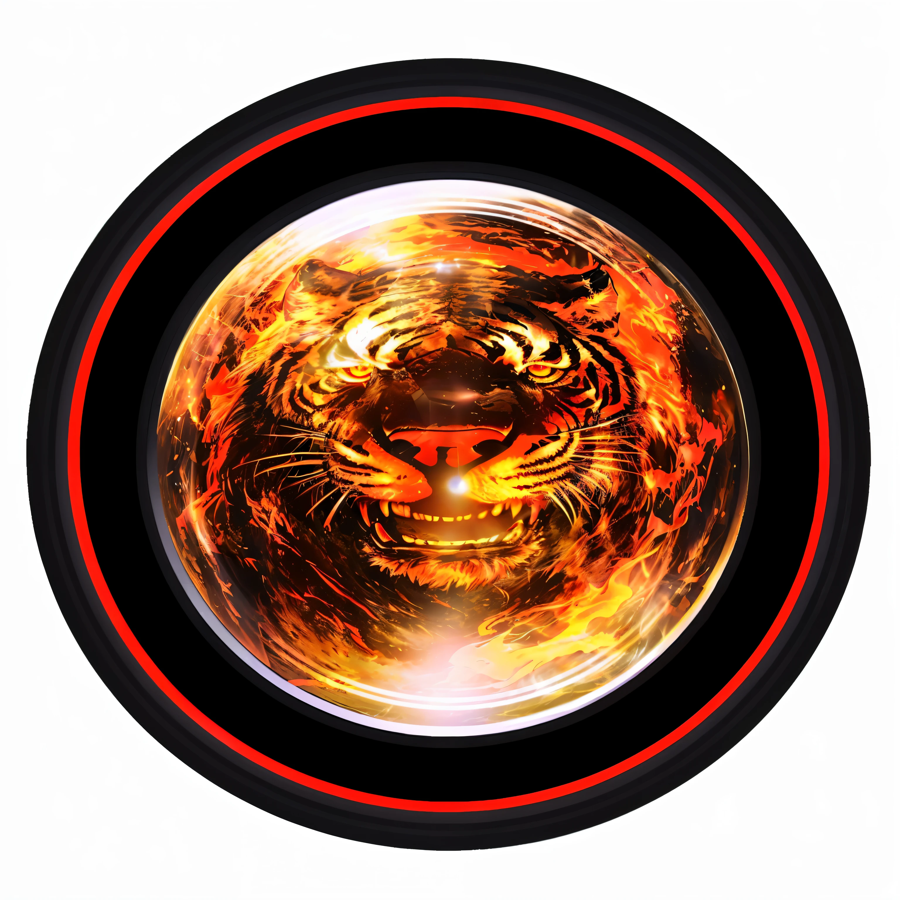 a close up of a fire tiger in a circular object, fire lion, tiger of fire flying, tiger_beast, glowing magma sphere, a large sphere of red energy, black orb of fire, fractal burning halo, red fire eyes, ring of fire, (fire), tiger, lens flair, glowing fiery red eyes, lense flares, fire eyes