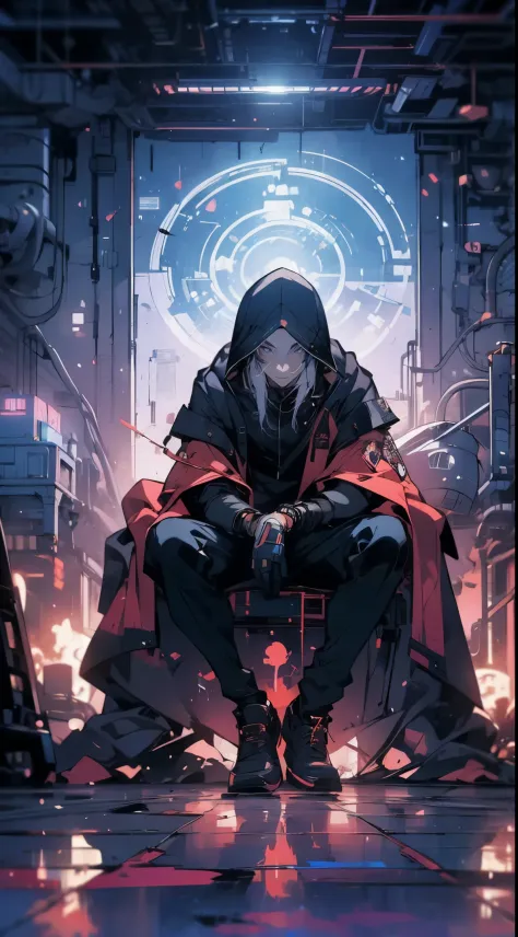 masterpiece,best quality,1boy,male focus,solo,full body,white hair,having a red halo over his head(hooded_cloak:1.1), inside a m...