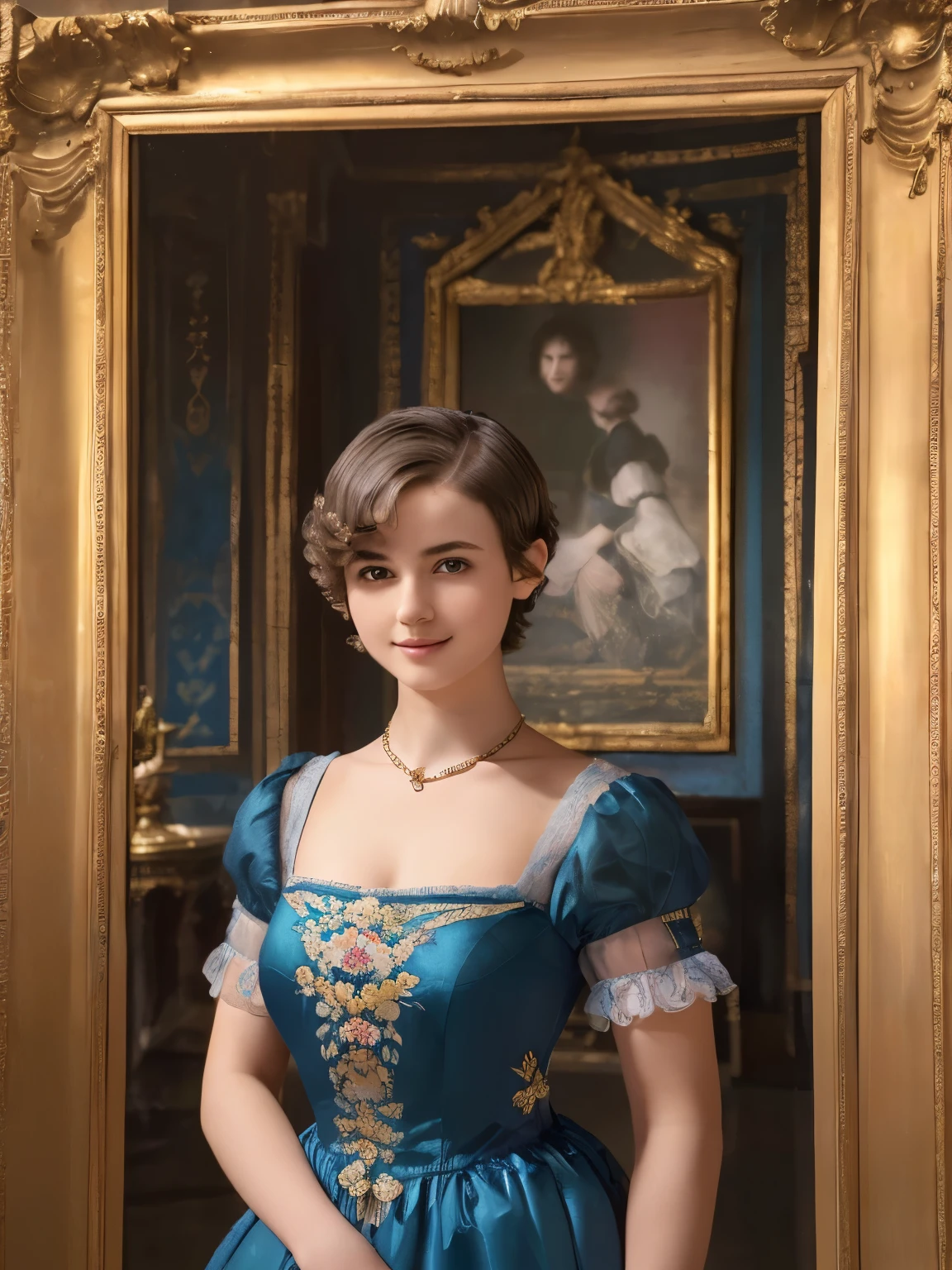 142
(a 20 yo woman,in the palace), (A hyper-realistic), (high-level image quality), ((beautiful hairstyle 46)), ((short-hair:1.46)), (kindly smile), (breasted:1.1), (lipsticks), (wearing a blue dress), (murky,wide,Luxurious room), (florals), (an oil painting、Rembrandt)