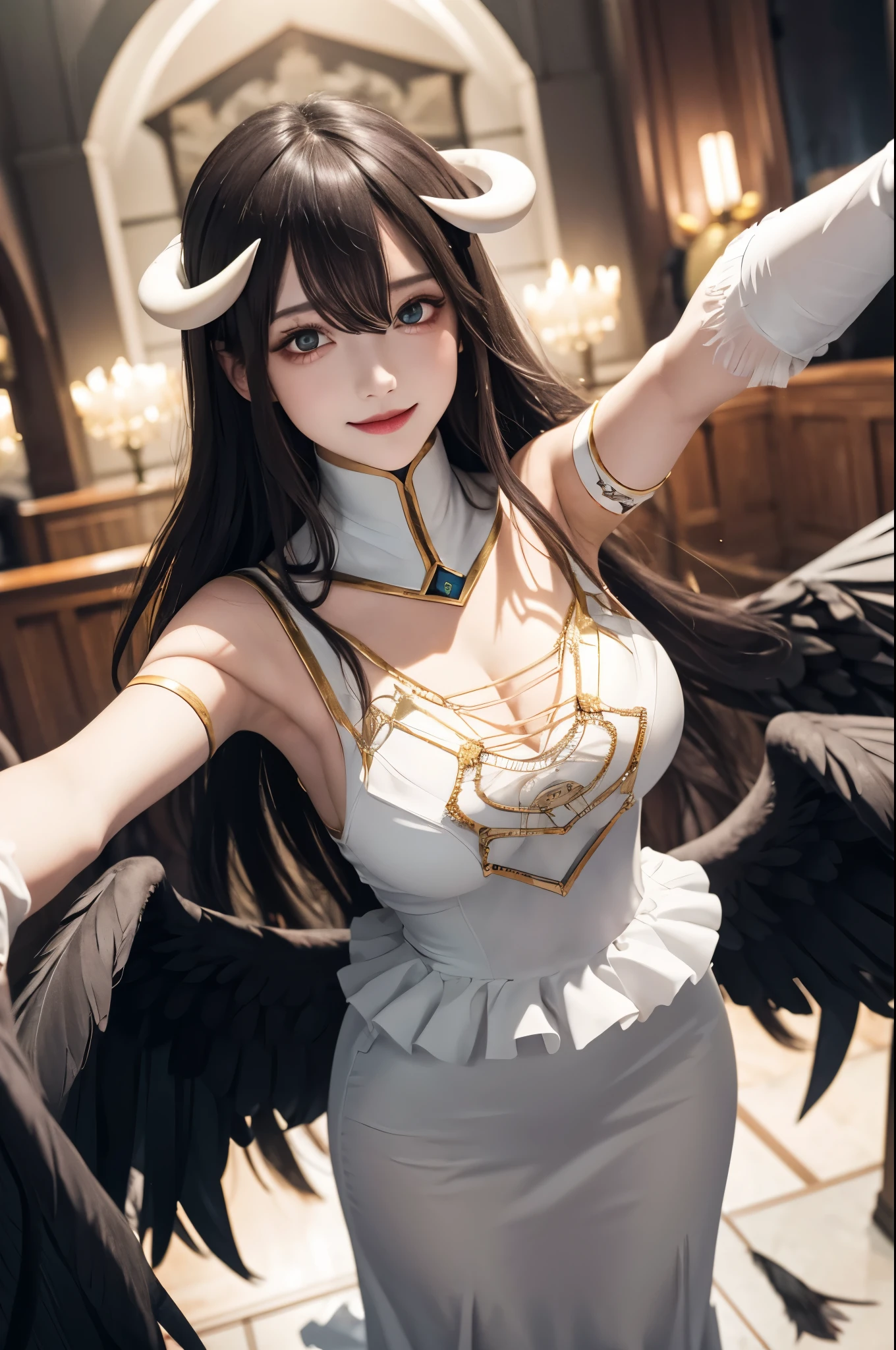 masterpiece, best quality, highres, al1, demon horns, slit pupils, white gloves, white dress, bare shoulders, detached collar, cleavage, black wings, feathered wings, low wings, cowboy shot, standing, dungeon, evil smile, reaching out, spread arms, outstretched arms, Albedo Overlord