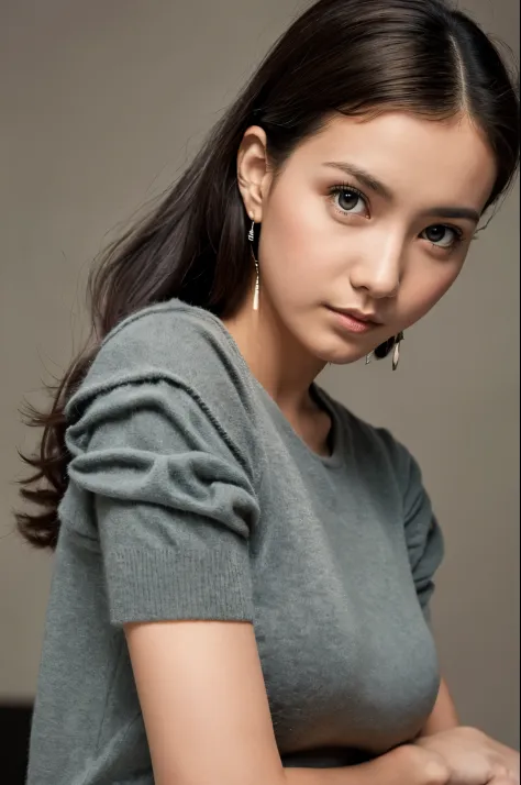 (1girl:1.2),(upper body close-up:1.2), clean background, dark cashmere tight short-sleeved T-shirt, pleated short skirt, wearing medium gray color, posing for photos, adjacent color matching, elegant temperament, elegant intellectual feeling, high image qu...
