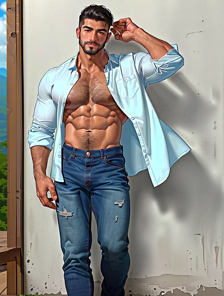 parameters: topless masculino, sozinho, (jovem), Indonesian guy, semi-realistic illustration of a lumberjack, pele escura, suar,...