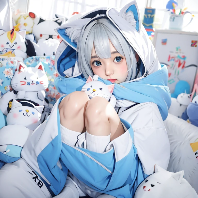 Chico anime sentado entre un montón de juguetes de peluche，usando una capucha, La calificación más alta en PixiV, Temas candentes en pixiv, artstation Temas candentes en pixiv, lindo anime catgirl, arte digital en pixiv, tendencias pixiv, pixiv, por Shitao, lindo anime, ilustración de anime suave, chica gato blanco, Popularidad en pixiv, estilo pixiv