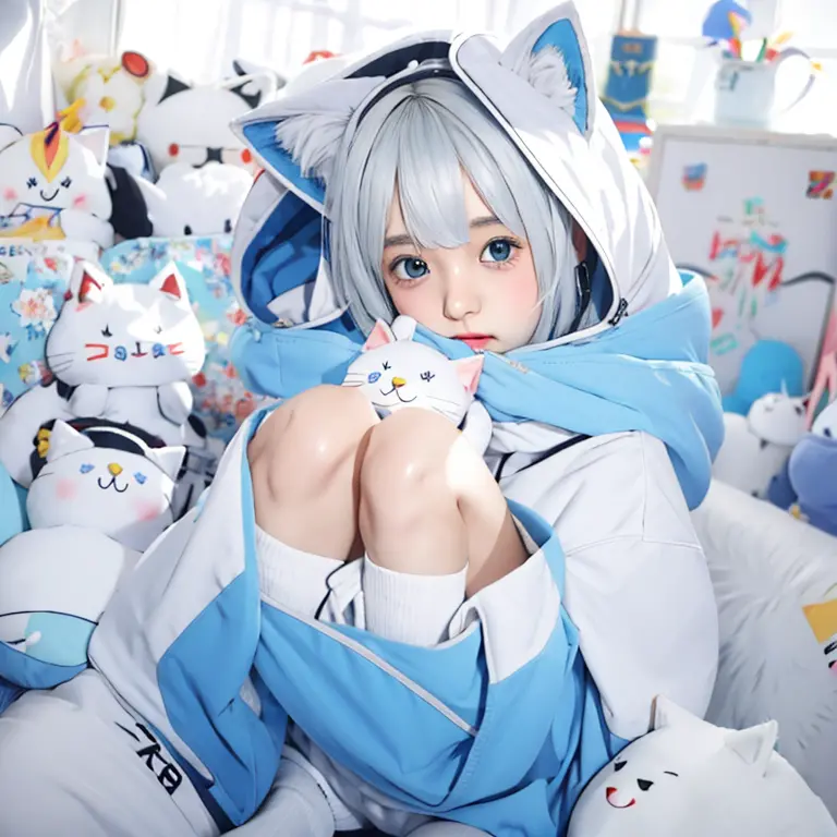 Anime boy sitting among a pile of stuffed toys，Wearing a hood, The highest rating on PixiV, Hot topics on pixiv, artstation Hot ...