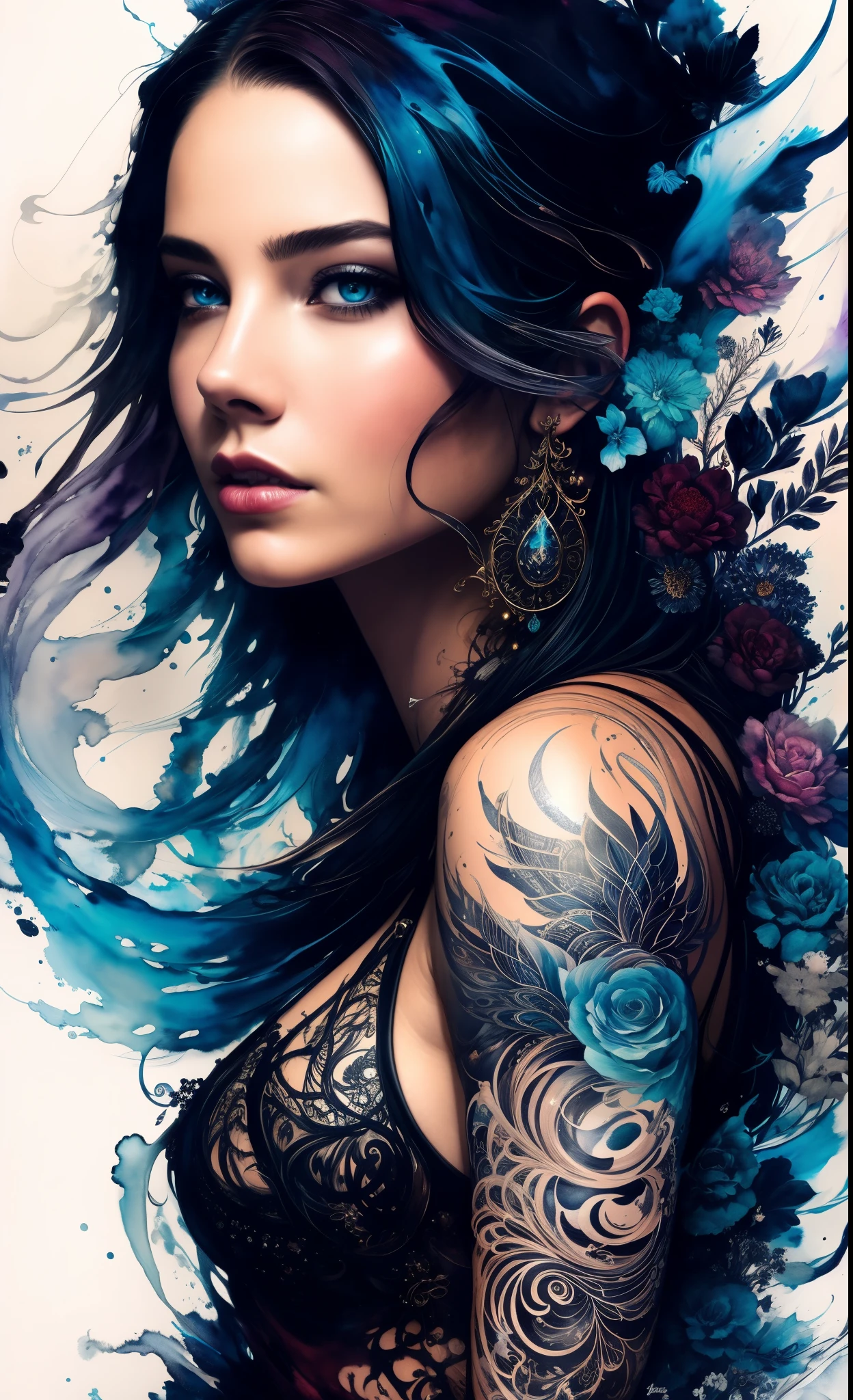 Colorful beautiful woman: Black ink flow: 8k resolution photorealistic masterpiece: by Aaron Horkey and Jeremy Mann: intricately detailed fluid gouache painting: by Jean Baptiste Mongue: calligraphy: acrylic: watercolor art, professional photography, natural lighting, volumetric lighting maximalist photoillustration: by marton bobzert: 8k resolution concept art intricately detailed, complex, elegant, expansive, fantastical