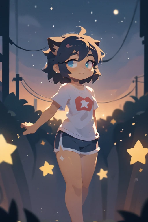 Keith, Girl, black wool, black gut, short comb, black hair, three gold earrings, hot hot eyes, cute face, kindness, stars, cyan top, blue t-shirt, gray shorts, fluffy, Camera, video, place, walk around the place, far, nothing, silhouette