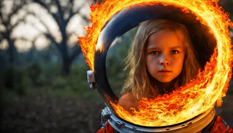10 year old girl blonde Russian child , fechar para cima, retrato, com longos cabelos loiros, in a astronaut, The flames are bur...
