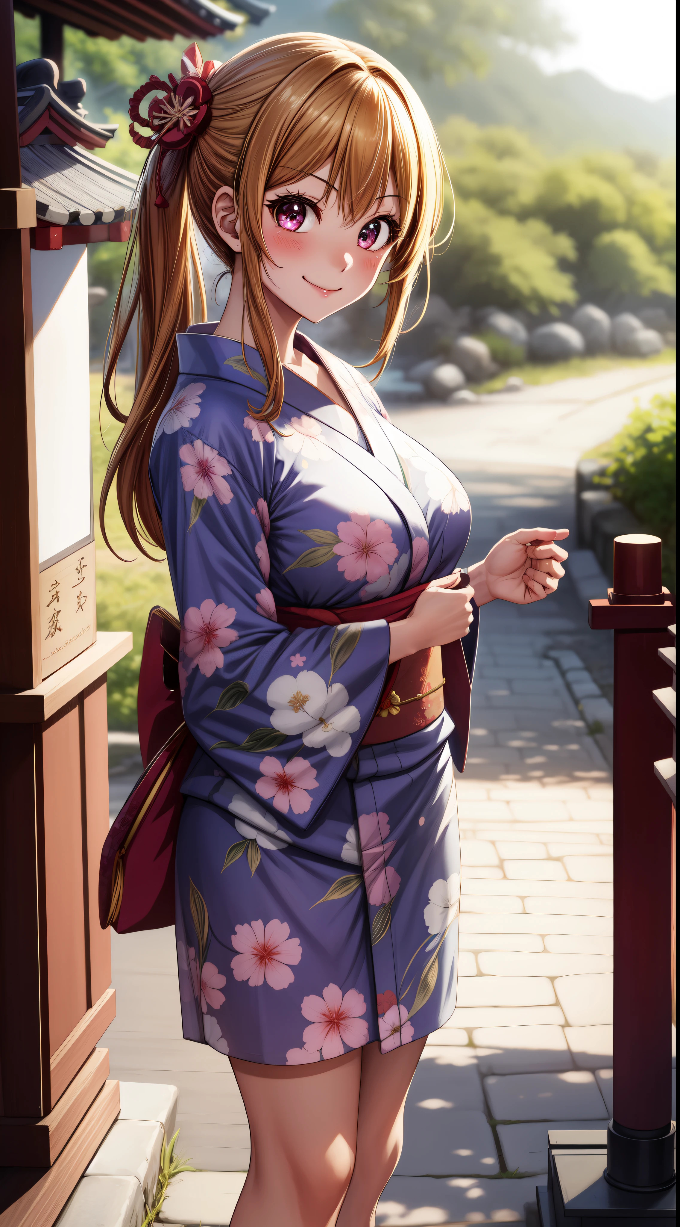 Anime girl in kimono outfit standing on a sidewalk with a purse - SeaArt AI