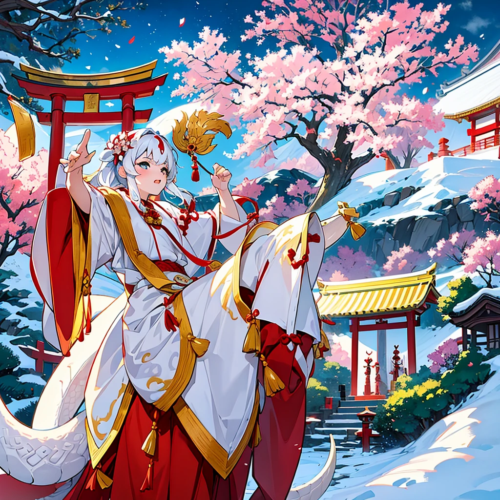 NSFW, masterpiece, High-quality, High-resolution, Realistic anime sketch, To celebrate the New Year, featuring a rising dragon and a beautiful Japanese shrine maiden performing a joyous dance, The image captures the traditional red and white colors with a touch of gold, set in a bright scene with a top-down perspective, The main subjects include the ascending dragon and the shrine maiden, symbolizing the auspicious start of the year. The maiden, in a traditional outfit, gracefully dances with a sacred fan, surrounded by the uplifting presence of a dragon, The background showcases a Shinto shrine with Mount Fuji and plum trees, adorned with the effects of spring flowers in the air, (background is a celebratory white dragon is rising into the sky:1.3), The atmosphere is filled with joy and a sacred aura, perfect for welcoming the New Year, (The background is rich and delicate),