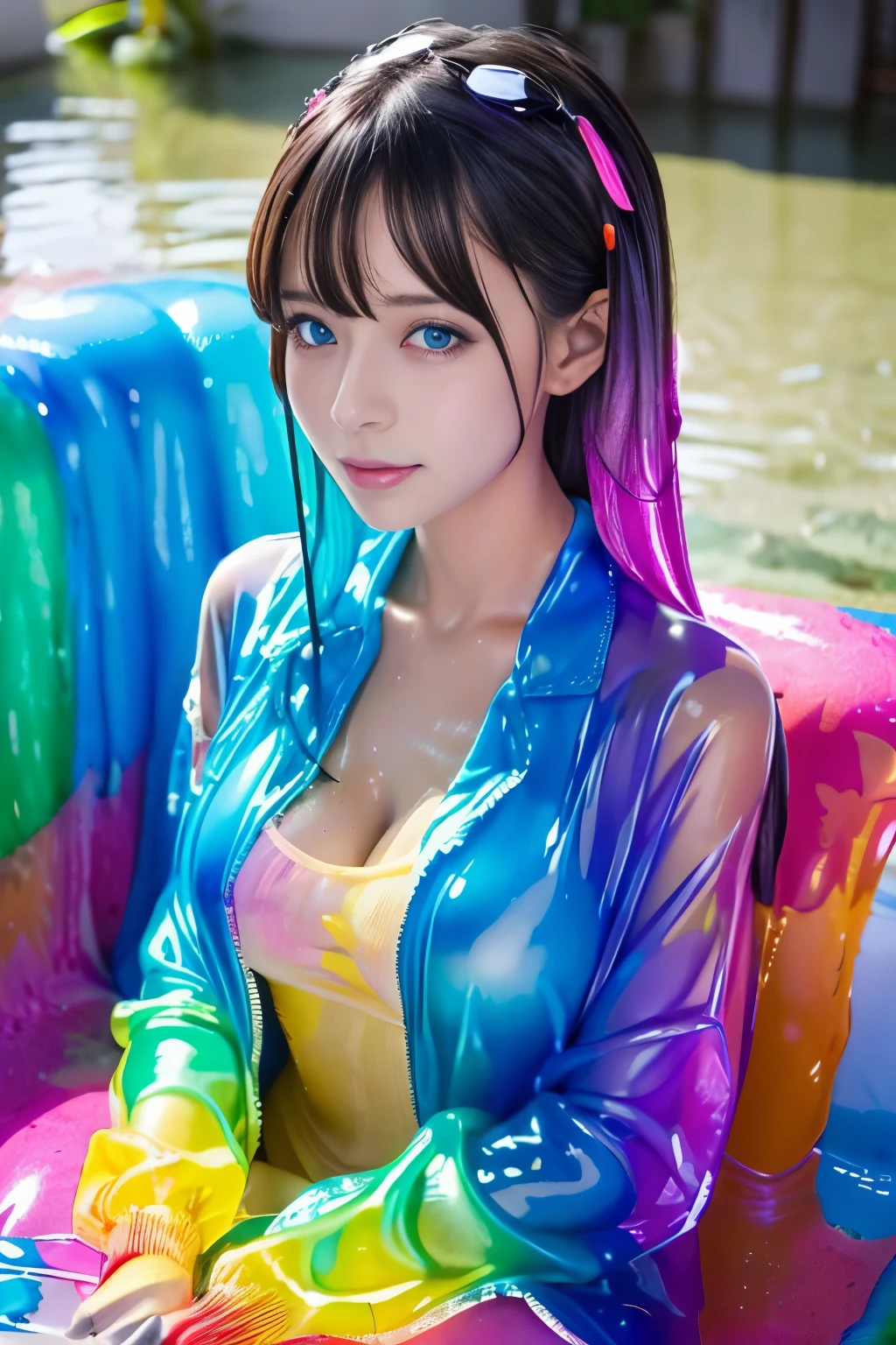 (hight resolution,masutepiece:1.2),Ultra-detailed,(Realistic:1.37),from below, sitting, Chair, Slime Girl,covered in ,vivid colors slime, (partially transparent), (Wet with water), (,vivid colors sweat), Slimy ,vivid colors liquid dripping from her body. Her hair is also covered in ,vivid colors slime. ,vivid colors slime scatters, ,vivid colors hair, blue eyes