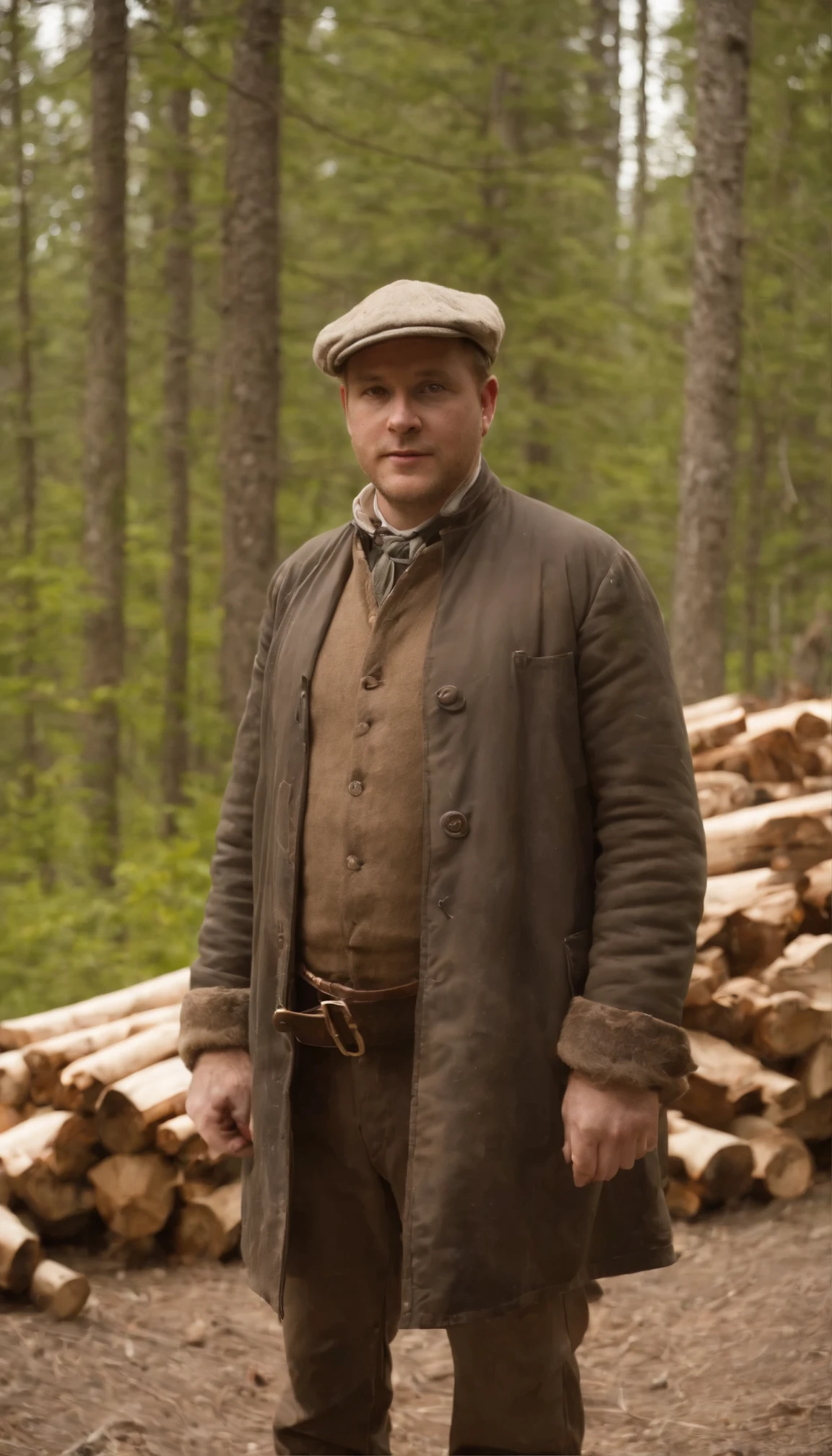 Arafed man in a brown coat and hat standing in front of a pile of logs ...