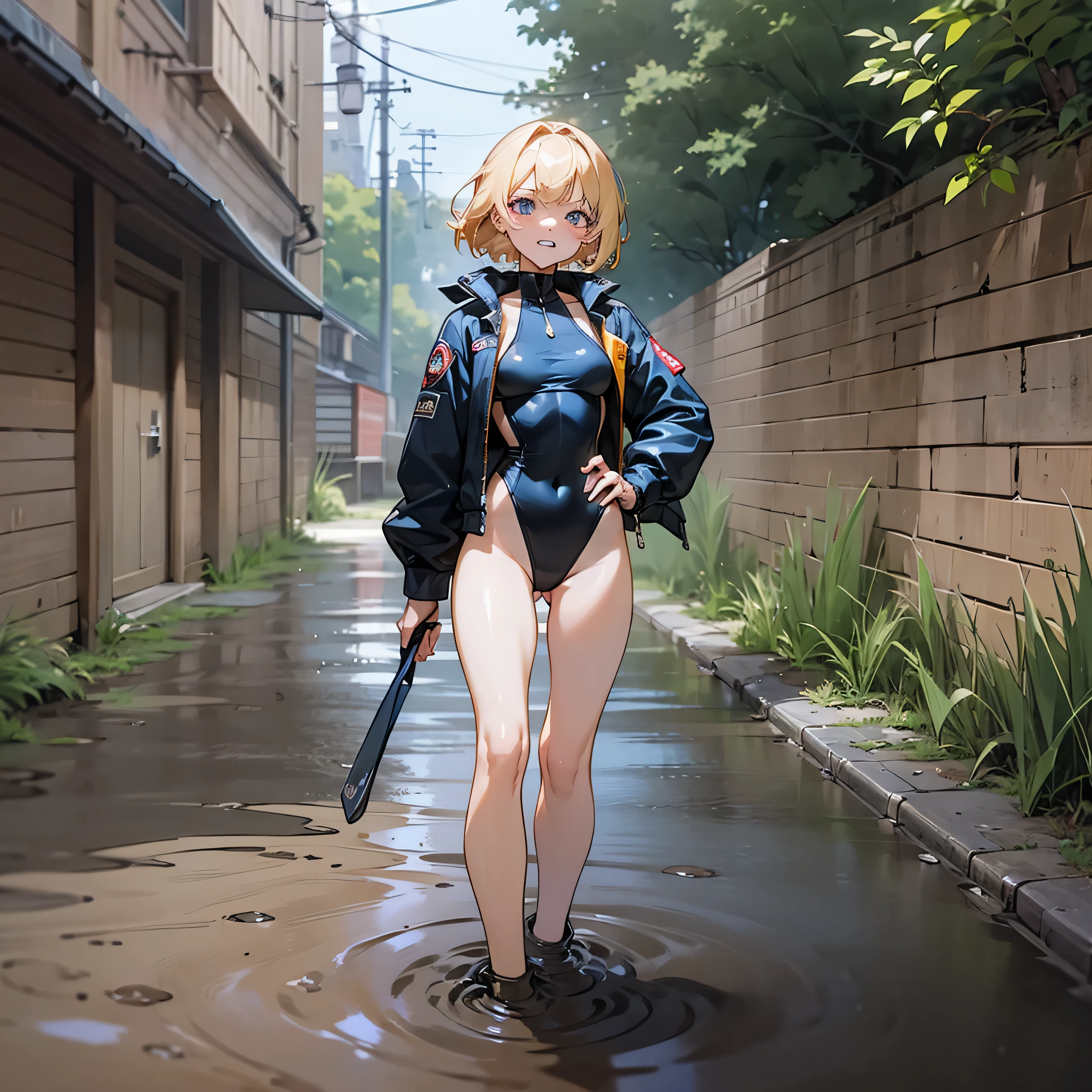 An attractive young woman standing in a small crack in the footpath filled with tar, up to her knees in tar, sinking in tar, wearing a leotard and a jacket, looking down, gritted teeth, worried look, short blond hair, pulling at legs, hips and legs twisting and flexing, tar is black and sticky, tar clings to her shoes and legs,