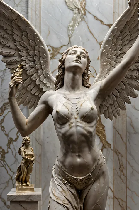 realistic sculpture, Sculpture of a woman, Angel, marble sculpture, Realistic textures, Three-dimensional figure, The wings are open, Outstretched arms, Looking Up, body in sight, hands and arms visible.