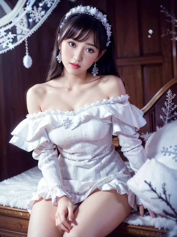 tmasterpiece、quality、ultra - detailed、Marilyn Takiocus Located on the thighs and above，Clear face，（Best quality at best）， beauty girl：1.5、(fluffy off-shoulder dress style)，long hair fluttering，Snowflake earrings、snowflakes falling、blurry、Snow World