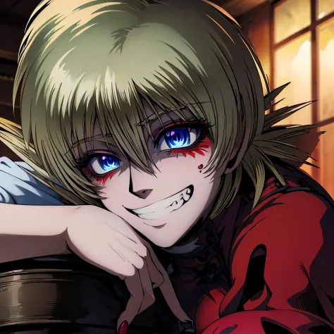 seras victoria, laying down on table, hellsing ultimate, harness, blue eyes, (((red eyeliner makeup))), ((sadistic grin))), flai...