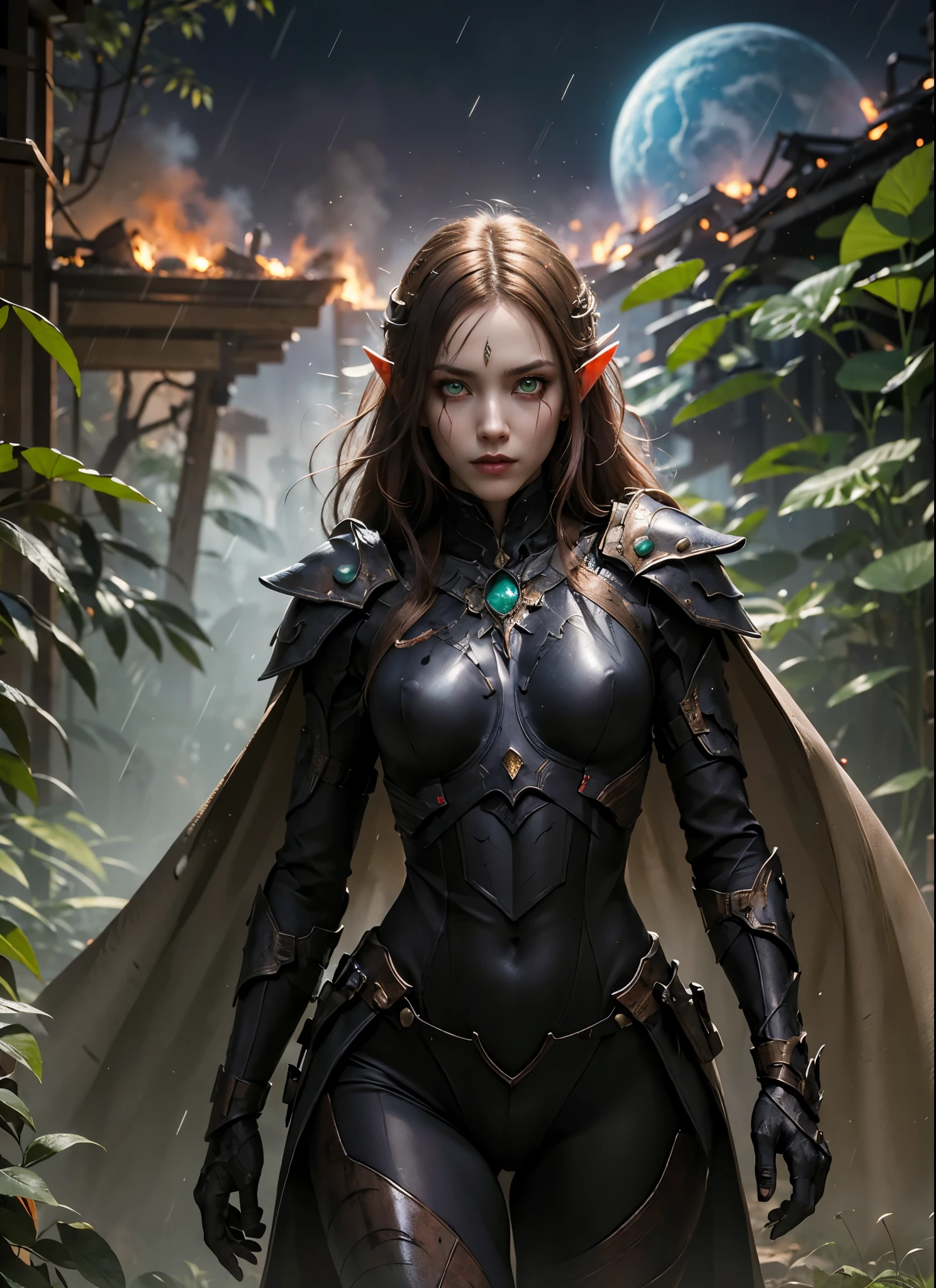 UHD, 8k, high quality, Anime style, Elf girl, sticky-Bodysuits, Howling banshee armor, blood scratch, (Big vibrant green gem on chest:1), purple armor with red finition, steel gray shoulderpads, Detailled green eyes, very long red hair, blurred, Shooting angle, (Tight gap:0.5), outside in the rain, Fog, focus on character, face camera, fire lit in background, full body, Bright eyes, Jungle background, Planet univers background, Night, Leather cloak