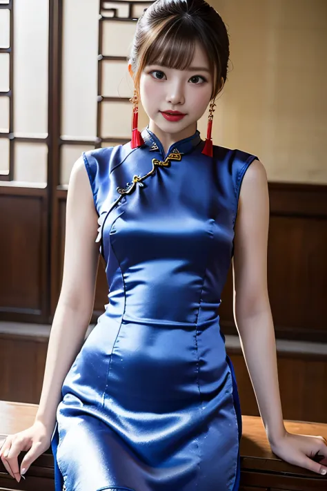 One Chinese Woman、Chinese Garden、(She is wearing a super shiny satin long cheongsam.:1.8)、(Provocative facial expressions), (Sle...