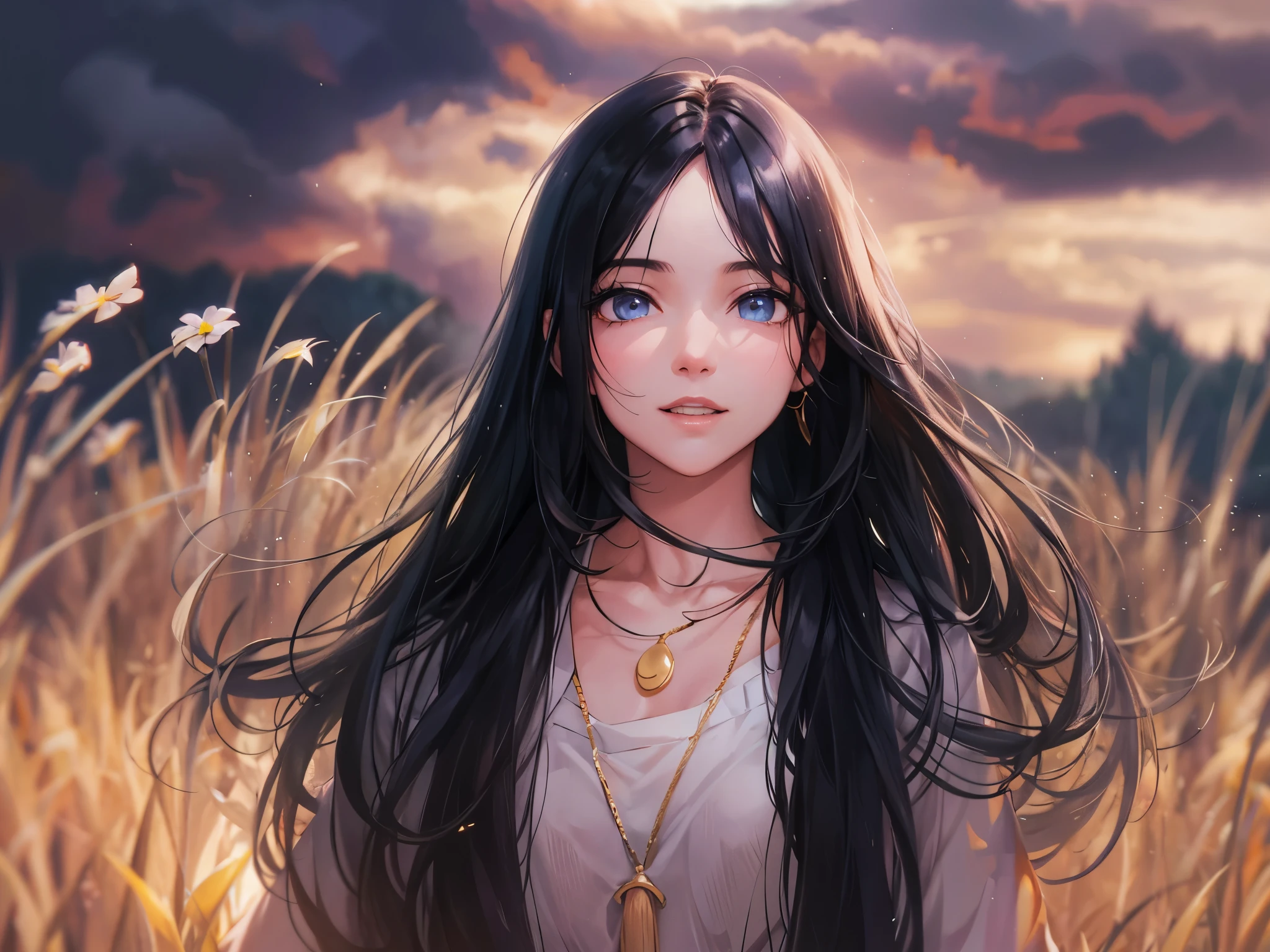 solo, woman, outdoor outfit, black hair, long hair, shiny hair, jewelry, light smile, outdoor field, detailed beautiful face and eyes, Conceptual art, cinematic lighting, jpeg artifacts, Eye-Level Shot, drop shadow, depth of field, hyperrealism, Ghibli-like colours, atmospheric perspective, tachi-e, masterpiece, retina, ccurate, best quality, highres, 4K, super detail