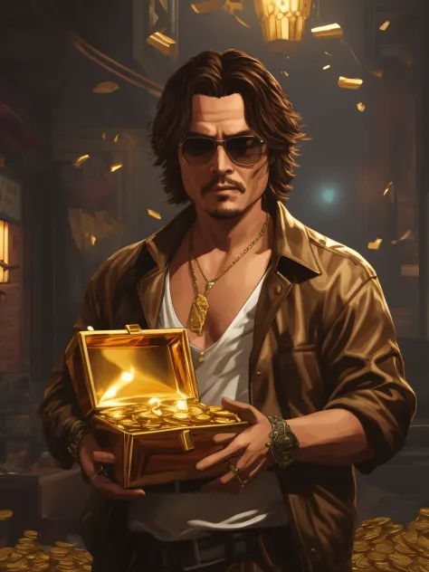 Johnny Deep. GTA Game art style, holding a chest full of gold, realistic