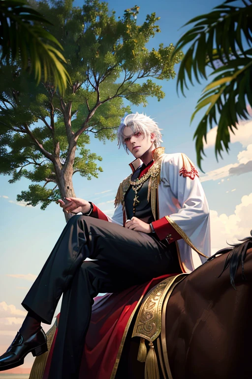 A young white haired king with red eyes is sitting on a tree branch in a scarlet blouse and black pants is sitting on a black horse