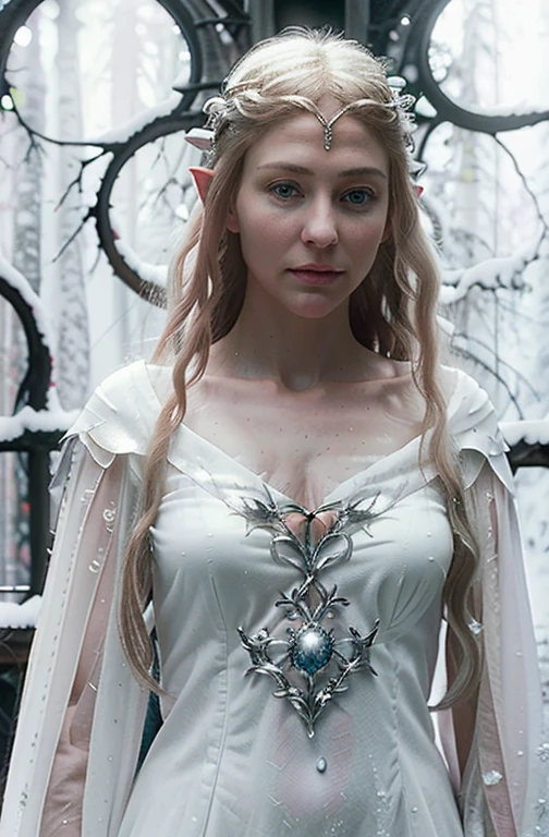 Front view,Full body photography of 1girl, galadriel, elf, blonde hair, blue eyes, white dress, detailed skin, fantasy, snowy nordic forest, modelshoot style, (extremely detailed CG), photo of beautiful artwork, (Antonio Moro), (Jeremy Mann), High Detail, Sharp focus, dramatic, oil painting, realistic