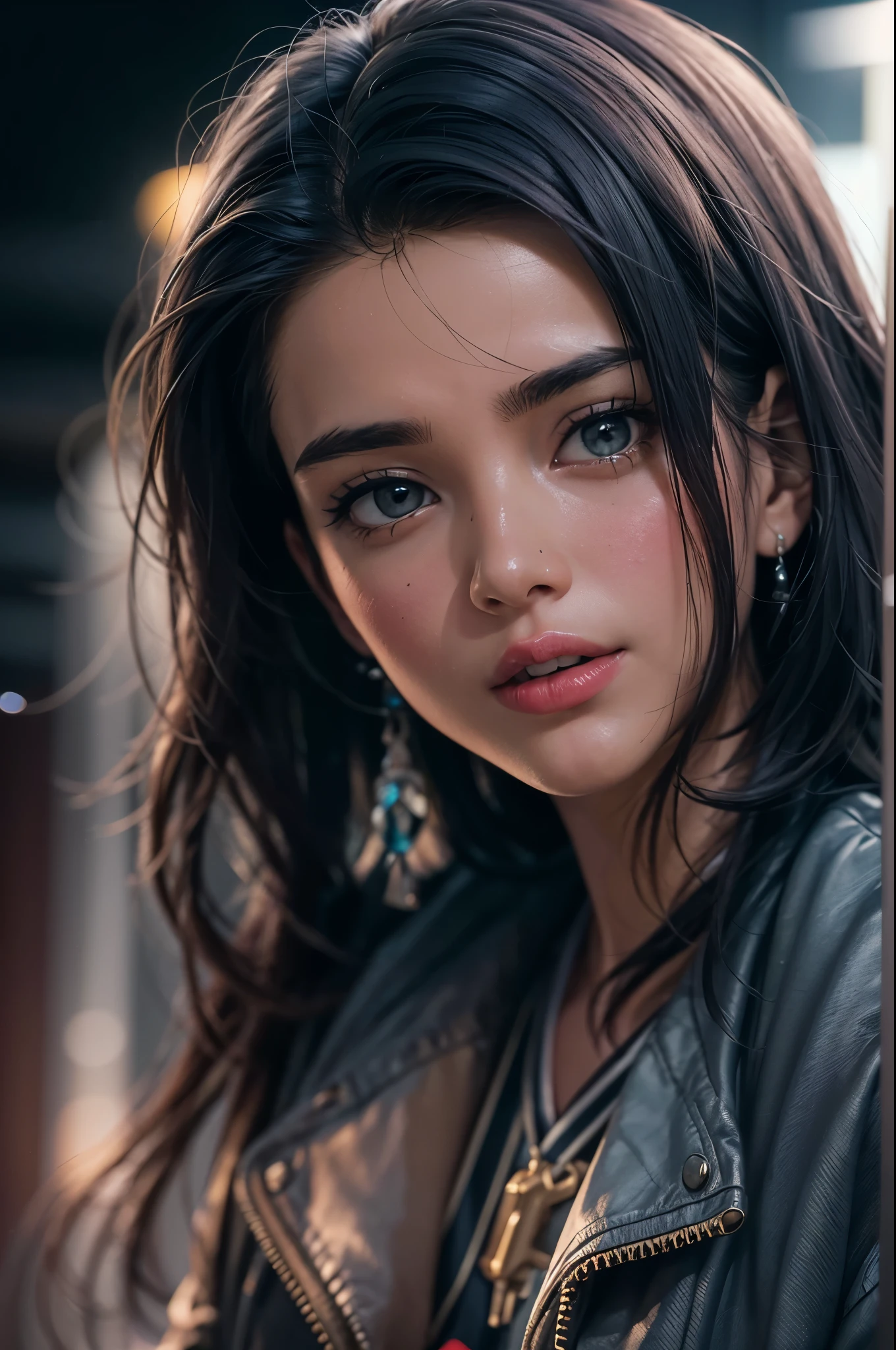 solo, cool woman, blouson jacket and skirt, black hair, long hair, shiny hair, jewelry, light smile, detailed beautiful face and eyes, Conceptual art, cinematic lighting, jpeg artifacts, Eye-Level Shot, drop shadow, depth of field, hyperrealism, tachi-e, masterpiece, retina, ccurate, best quality, highres, 4K, super detail