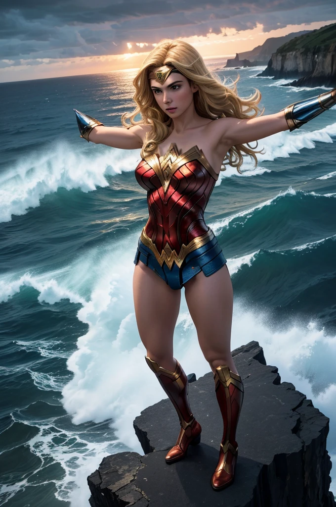 An image of Wonder Woman in costume, with (blonde hair), stands on a cliff overlooking the ocean. Her arms are outstretched and her hands outstretched, ready to fly. The sky is dark and threatening, adding drama to the scene. The sea is calm and the waves gentle, creating a contrast with the intensity of the situation.