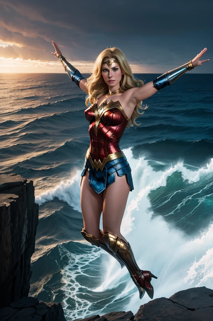 An image of Wonder Woman in costume, with (blonde hair), stands on a cliff overlooking the ocean. Her arms are outstretched and her hands outstretched, ready to fly. The sky is dark and threatening, adding drama to the scene. The sea is calm and the waves gentle, creating a contrast with the intensity of the situation.