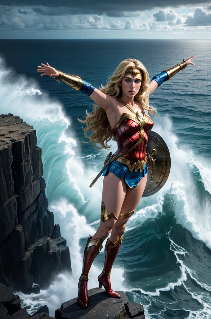 An image of Wonder Woman in costume, with (blonde hair), stands on a cliff overlooking the ocean. Her arms are outstretched and her hands outstretched, ready to fly. The sky is dark and threatening, adding drama to the scene. The sea is calm and the waves gentle, creating a contrast with the intensity of the situation.