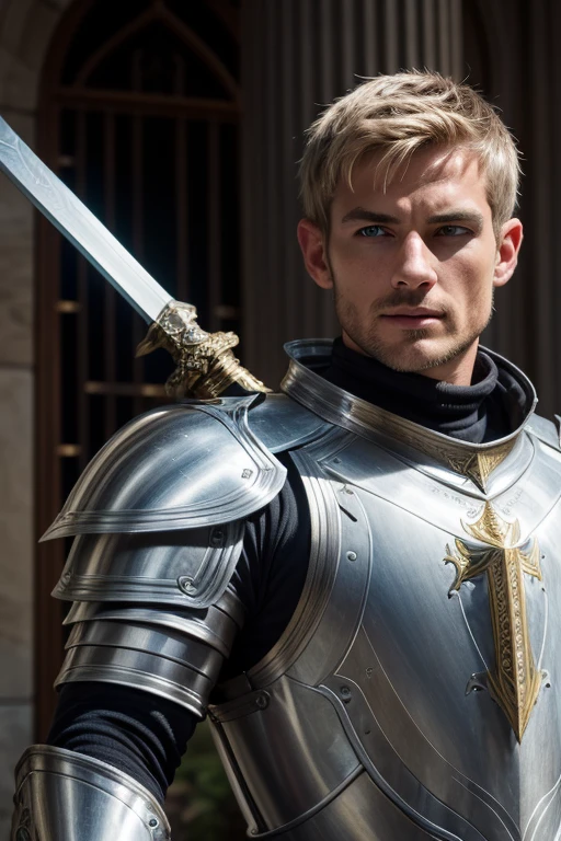 A close up of a man in armor holding a sword attractive male with armor SeaArt AI