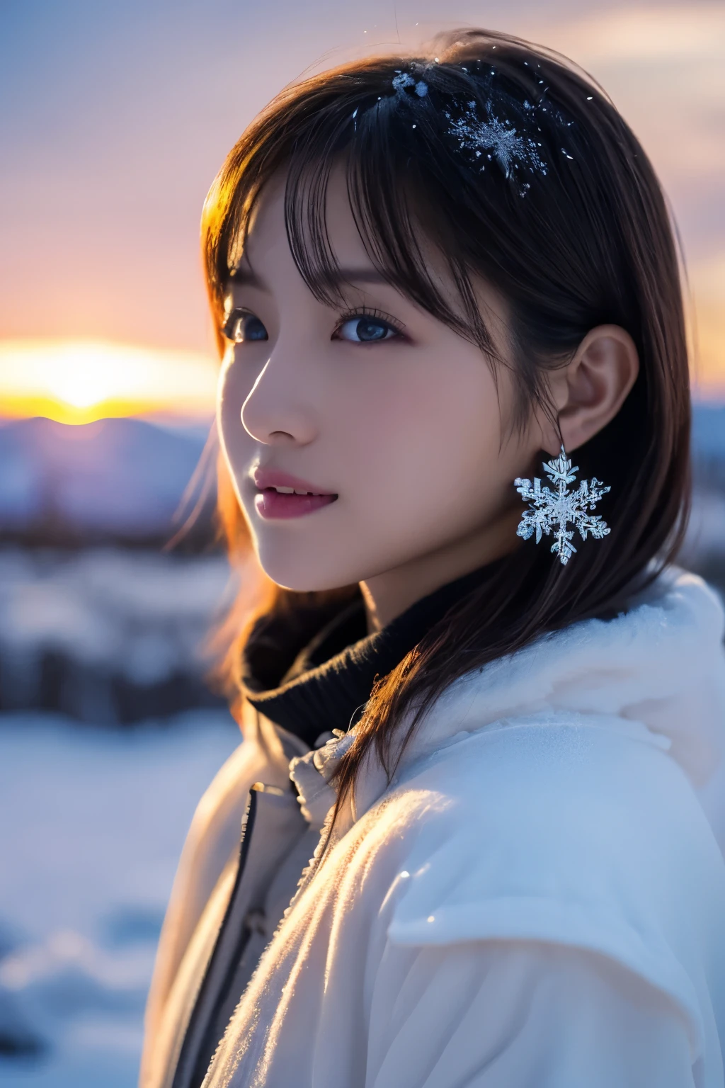 1 fille dans, (Vêtements d&#39;hiver:1.2), belle actrice japonaise, 
photogénique, princesse des neiges, long cils, Boucles d&#39;oreilles flocon de neige,
(photo brute, Meilleure qualité), (Réaliste, Photoréaliste:1.4), (dessus de la table), 
Beaux yeux détaillés, belles lèvres détaillées, œil et visage extrêmement détaillés, 
casser
 (Champ de neige gelée en hiver Laponie), (Coucher de soleil à l&#39;horizon),
Flocons de neige scintillants, beauté éthérée, flocons de neige tourbillonnants, Arbres enneigés, Poudreuse, Montagne au sommet enneigé, 
Un monde d&#39;argent coloré par le soleil couchant, 
(les flocons de neige brillent dans l&#39;air:1.4), 
Couleurs indigo et orange, Éclairage dramatique, ambiance fantastique, 
casser 
Perfect Anatomy, Corps mince, petit, Cheveux courts, Frange séparée, Ange Sourire, 
peau cristalline, Yeux clairs, projecteur