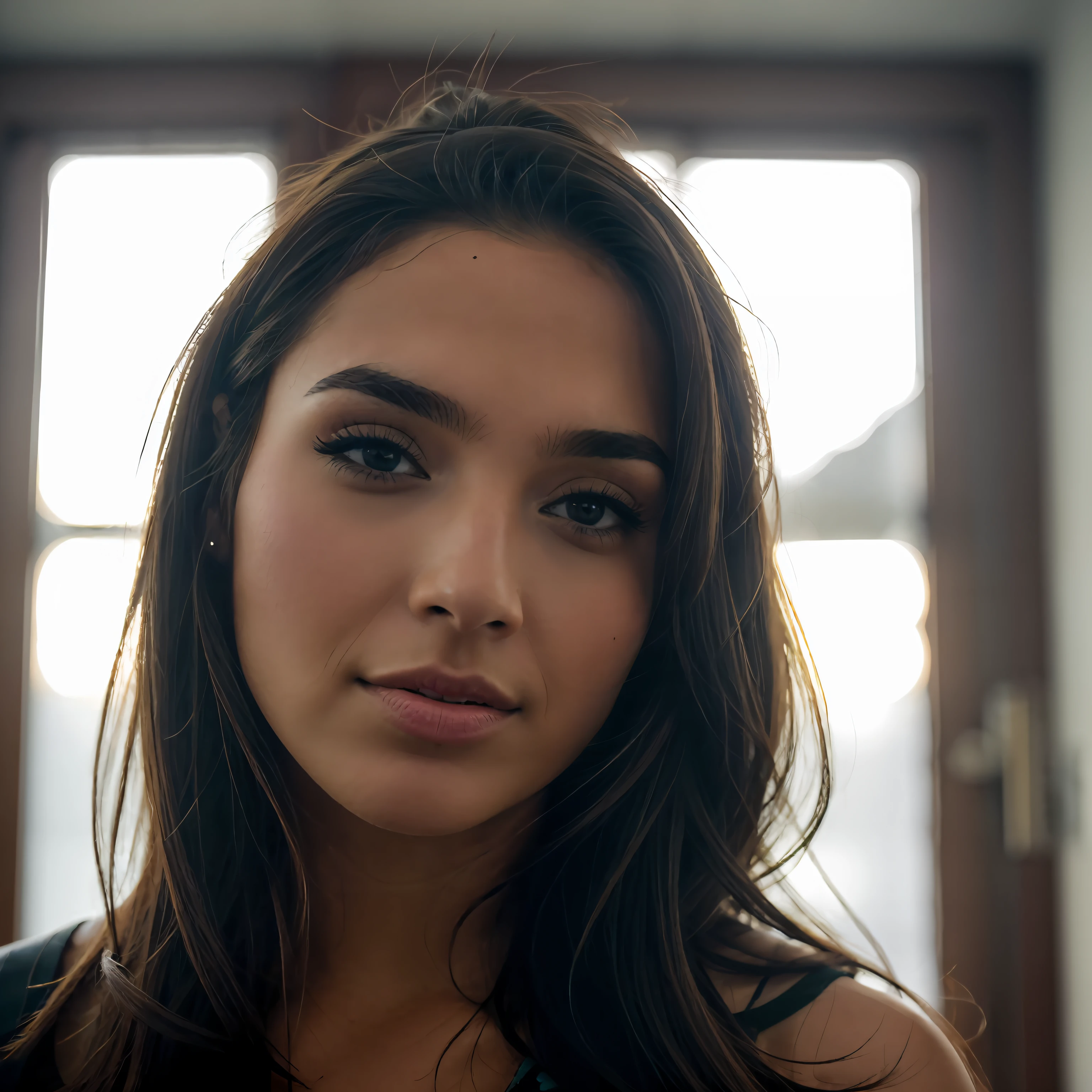 A close up of a woman with long hair and a black top - SeaArt AI